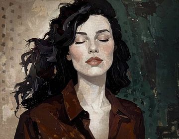 Portrait d'une femme aux cheveux noirs - vert beige et marron