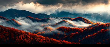 Herfstig berglandschap in de mist van Poster Art Shop