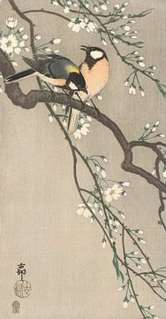 Great Tits on blossom branch of Ohara Koson