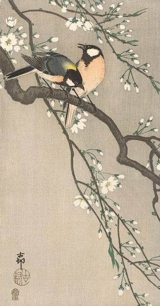 Great Tits on blossom branch of Ohara Koson by Gave Meesters