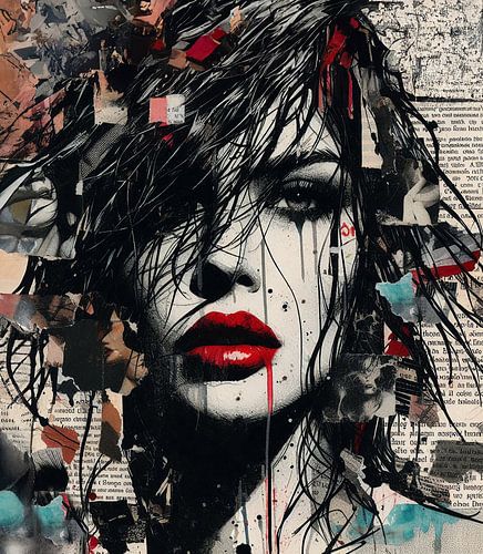 Woman with red lips in newspaper
