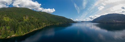 Luftbildpanorama des Sproat Lake in Kanada mit Wald und Reflektion des Himmels im See