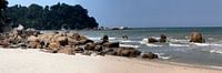 Photo panoramique d'une plage de sable ensoleillée avec de nombreuses pierres