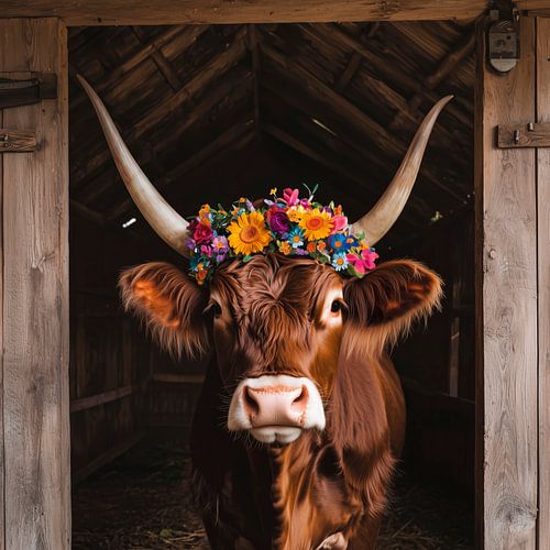 Highland cow with colourful flower decorations in the barn