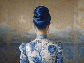 A portrait of a lady in a delft blue dress by Jolique Arte
