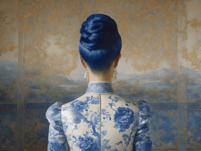 Een portret van een dame in een delfts blauw jurk van Jolique Arte