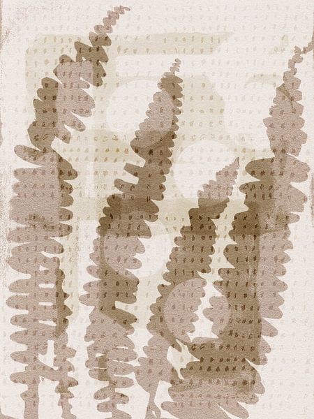 Bloemen echo's. Abstracte botanische kunst. Varensbladeren in beige, bruin, wit. van Dina Dankers