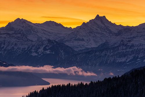 Sicht auf die bekannten verschneiten Berge Schreckhorn, Eiger und Thunersee im Winter bei Sonnenaufgang