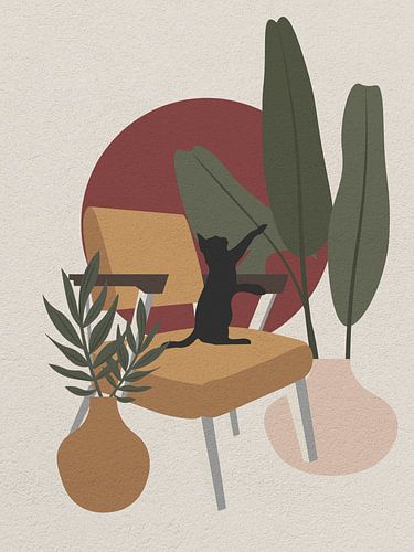Minimal art of a cat touching a houseplant leaf