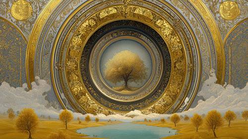 Gouden boom en landschap symbolisme
