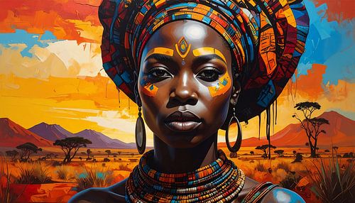 Abstract schilderconcept, vrouw in een Afrikaans landschap van Mustafa Kurnaz