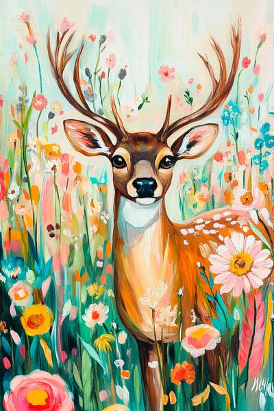 Roebuck in a field of flowers - Colourful splendour by Poster Art Shop
