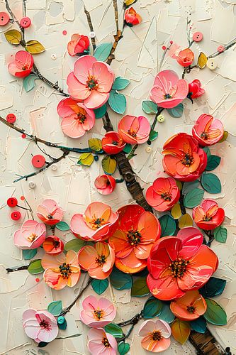 Vrolijke kleurrijke bloemen en takken kunstwerk