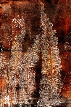 Botanique abstraite. Fougères en brun rouille profond, orange et noir. sur Dina Dankers