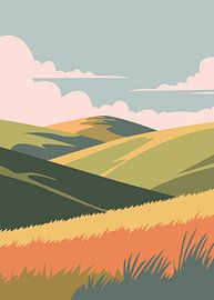 Minimalistische Vektorgrafik, die sanfte grüne Hügel und goldene Wiesen unter flauschigen rosa Wolken zeigt.