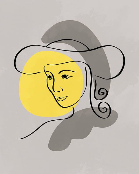 Woman with hat line art with three organic shapes in yellow and grey by Tanja Udelhofen