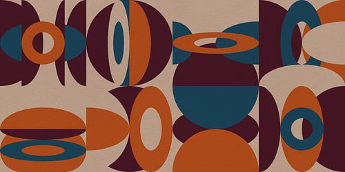 Abstracte retro geometrie in oranje, groenblauw, wijnrood.
