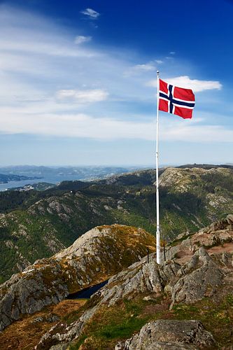 Norwegian Flag in mountains Ulriken near Bergen