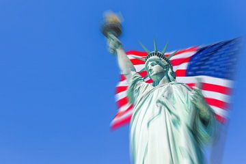 Statue of Liberty with a large american flag by Maria Kray