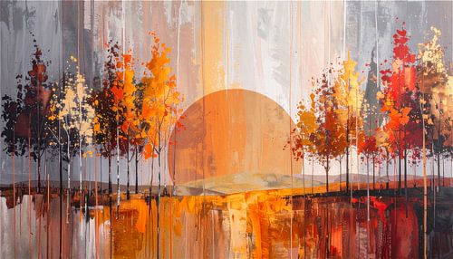 Soleil d'automne abstrait derrière une silhouette d'arbres sur Studio Pieternel