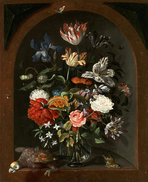 A Vase of Flowers with a Parrot and a Lapwing in a Niche, Jacob Marrell by Masterful Masters