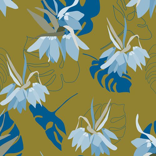 Vintage bloei. Bloemen en bladeren in retro kobaltblauw en mosterdgeel