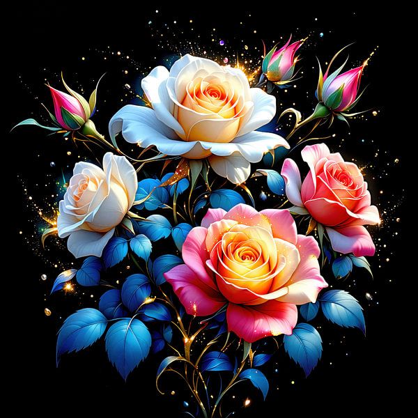 In the splendour of the queen: Roses between golden rain and symphony of colour - A floral ode to the grace, sensuality and timeless beauty of the rose (1 of 3) by AidasignArt