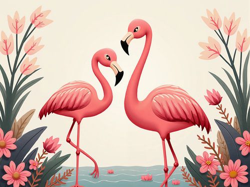 Twee roze flamingo's staand in water met bloemen en bladeren