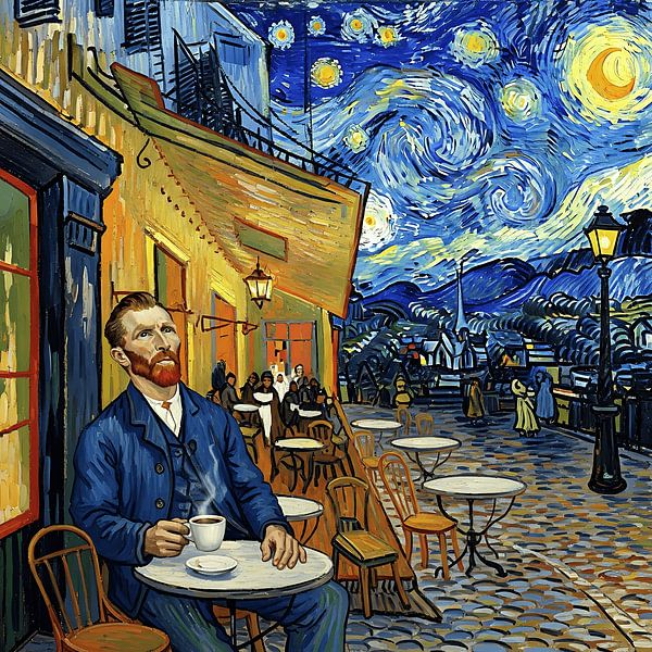 Homme buvant du café sous une nuit étoilée - Abstrait Dreamscape Art par Aden Pink Galerry