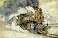 Gedetailleerd schilderij van een oude stoomlocomotief, vintage, goud, brons, aardetinten van Peter Pen tekeningen en schilderijen thumbnail