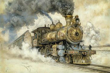 Gedetailleerd schilderij van een oude stoomlocomotief, vintage, goud, brons, aardetinten van Peter Pen tekeningen en schilderijen