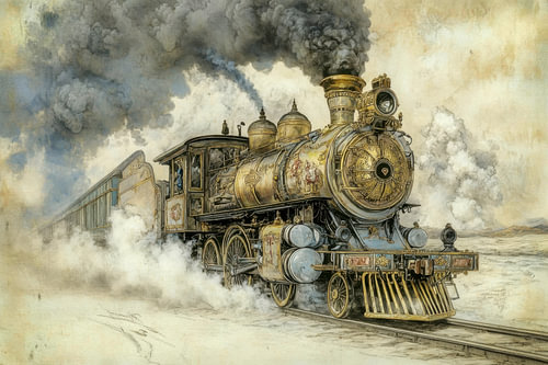 Detailed painting of an old steam locomotive, vintage, gold, bronze, earth tones