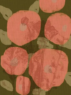 Kleurrijke botanische kunst in warm groen en roze. Monotypes weidebloemen. van Dina Dankers