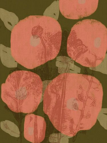 Kleurrijke botanische kunst in warm groen en roze. Monotypes weidebloemen.