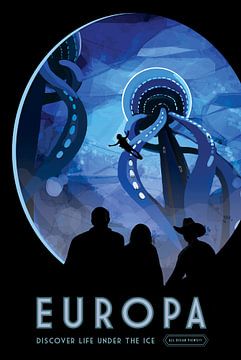 STK204749S-Retro ruimtevaartposter van toekomstige verkenning op Jupiter's maan Europa. van Stocktrek Images