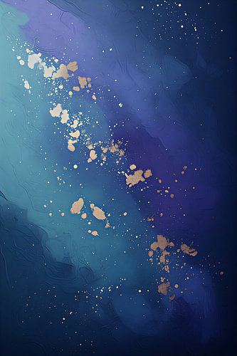 Tableau abstrait bleu marine céleste - Peinture galactique texturée aux tons bleu sarcelle et dorés - Affiche moderne et luxueuse représentant une nébuleuse océanique