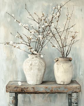 Stilleben im japanischen Stil, Blüten in weißen Töpfen von Japandi Art Studio