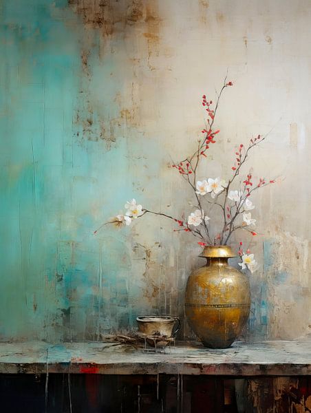 Goldene Vase mit blühenden Zweigen – Mystisches Stillleben von Joriali Fotografie und Gemälde