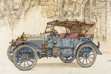 Gedetailleerde tekening van een klassieke auto, een oldtimer, cabrio -  van Peter Pen tekeningen en schilderijen