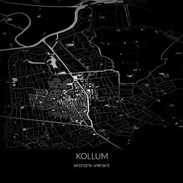 Zwart-witte landkaart van Kollum, Fryslan. van Rezona