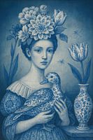 Delfter Blau Porträt mit Ente und Blumen