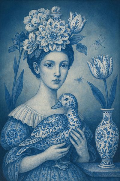 Delfter Blau Porträt mit Ente und Blumen von Kleurenrijk
