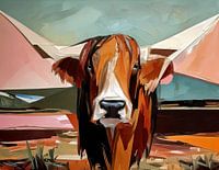 Abstracte Schotse hooglander koe met grote hoorns in olieverf