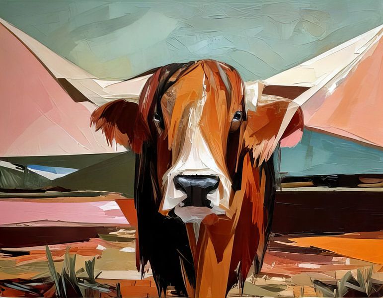 Abstract Scottish highlander cow with large horns in oil painting by Joyce de Jong