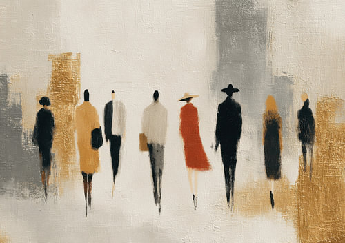 Scène urbaine abstraite avec des personnages, dans un style moderne