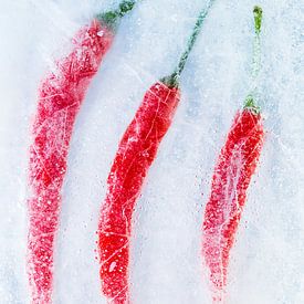 Rode pepers op ijs.