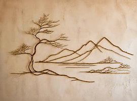 Wabi-Sabi natural installation made from twigs: abstract geometry on lime plaster