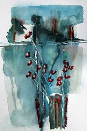 Œuvre abstraite dans des tons bleus apaisants avec une touche de rouge. sur Ireen Bos