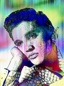 Elvis Presley Abstract Line drawing Portrait in Pink Blue Green sur Art By Dominic