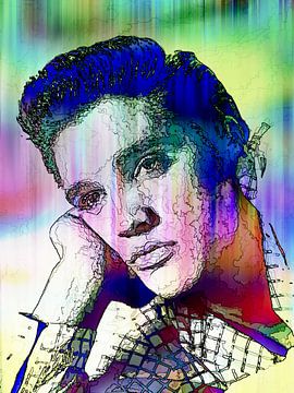 Elvis Presley Abstract Lijntekening Portret in Roze Blauw Groen van Art By Dominic